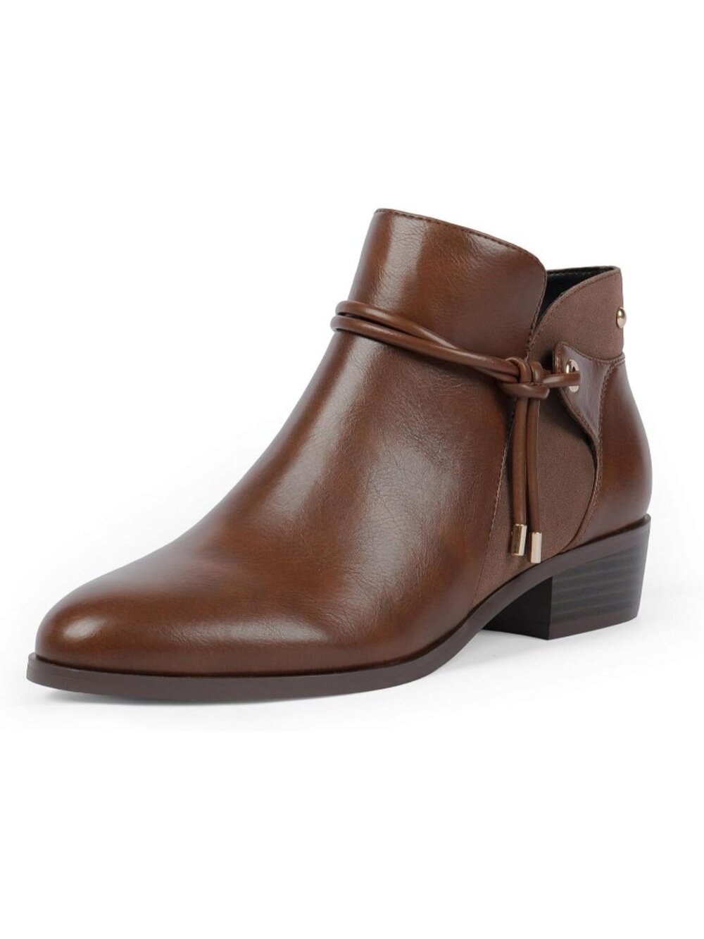 Women's Brown Faux Leather Round Toe Low Heel Side Zipper Dress Ankle Booties